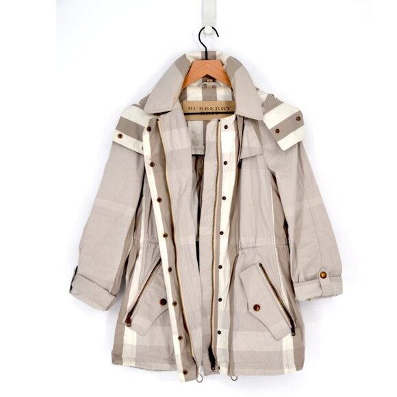 BURBERRY BRIT Checked Twill Jacket Hooded Drawstring Neutral Beige Women's 10 - Picture 3 of 13